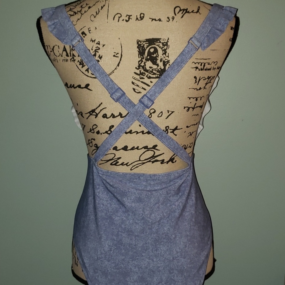 New Aerie Denim Overall Ruffle One Piece Swimsuit - Picture 7 of 8